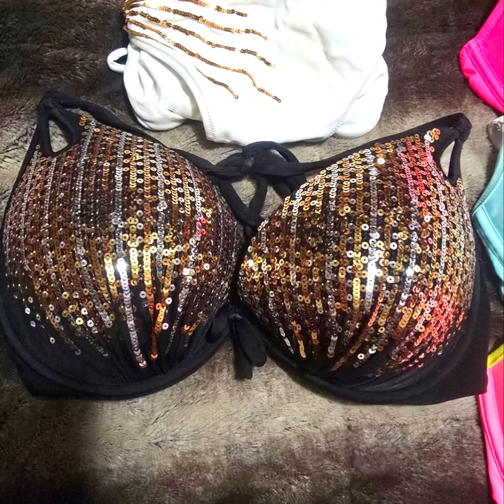Victoria's Secret Sequin Embellished Black and Gold Bikini Top 36DD